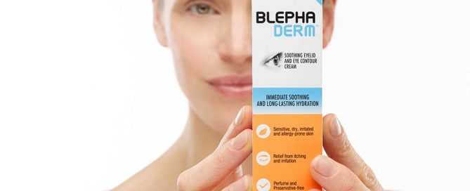 introduction to blephaderm with a woman holding a box of blephaderm