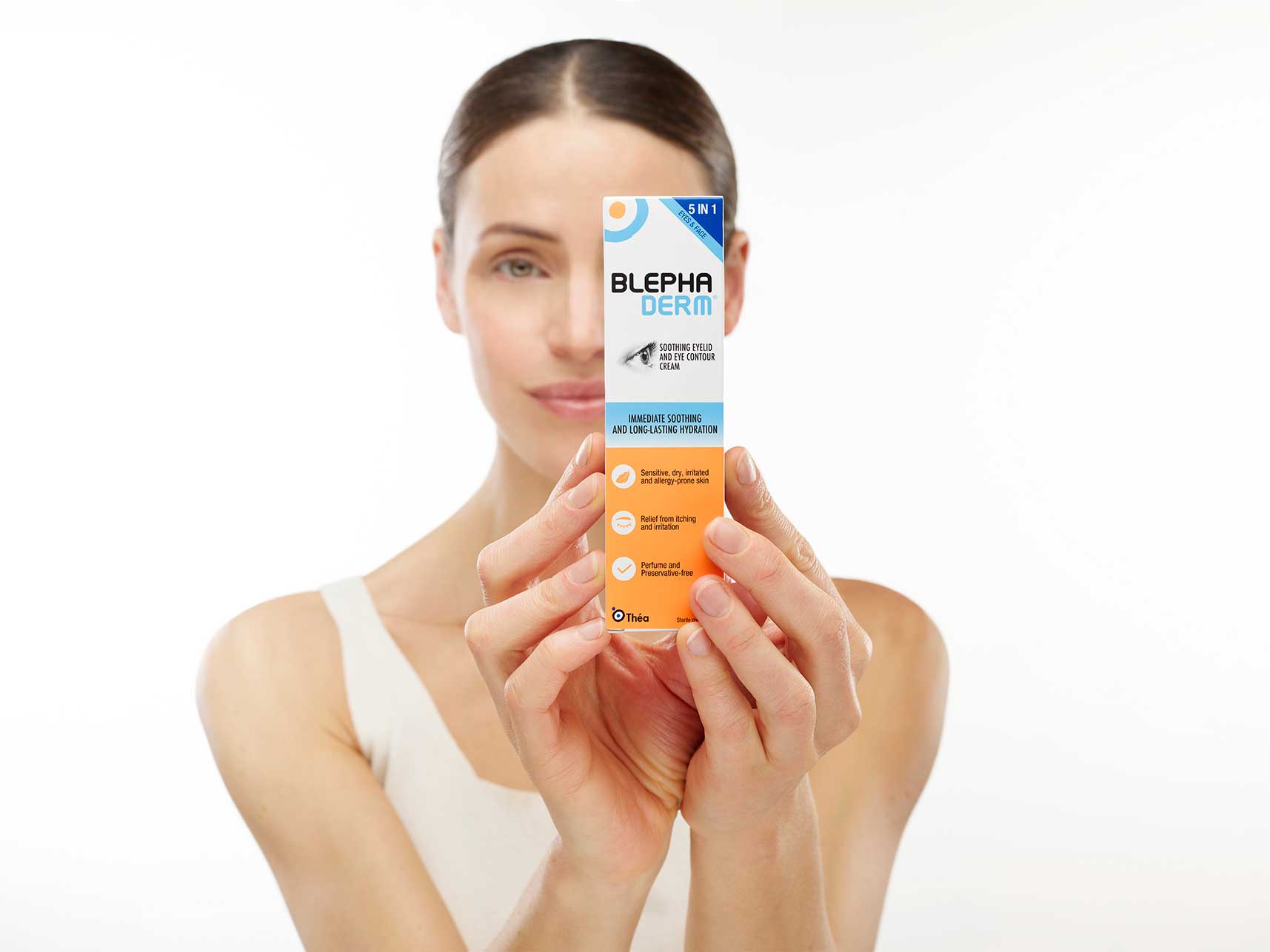 introduction to blephaderm with a woman holding a box of blephaderm